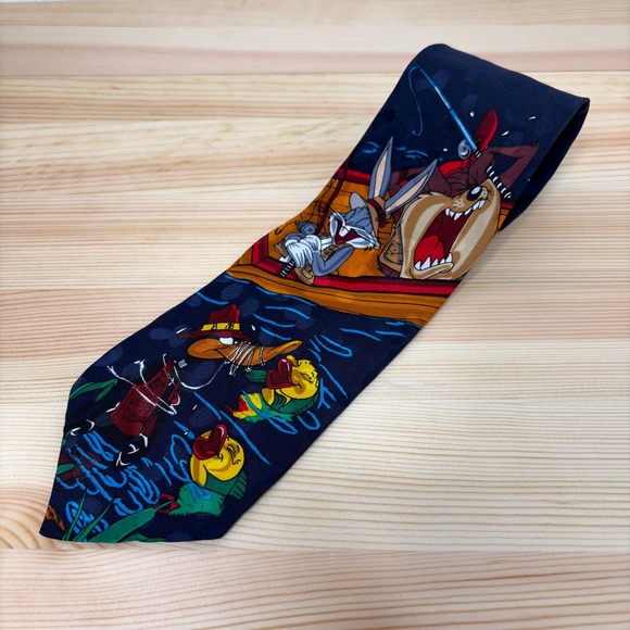 Looney Tunes Mania Other - VTG 93 Looney Tunes Mania Silk Tie Fishing Bugs Bunny Daffy Duck Taz Warner Bros